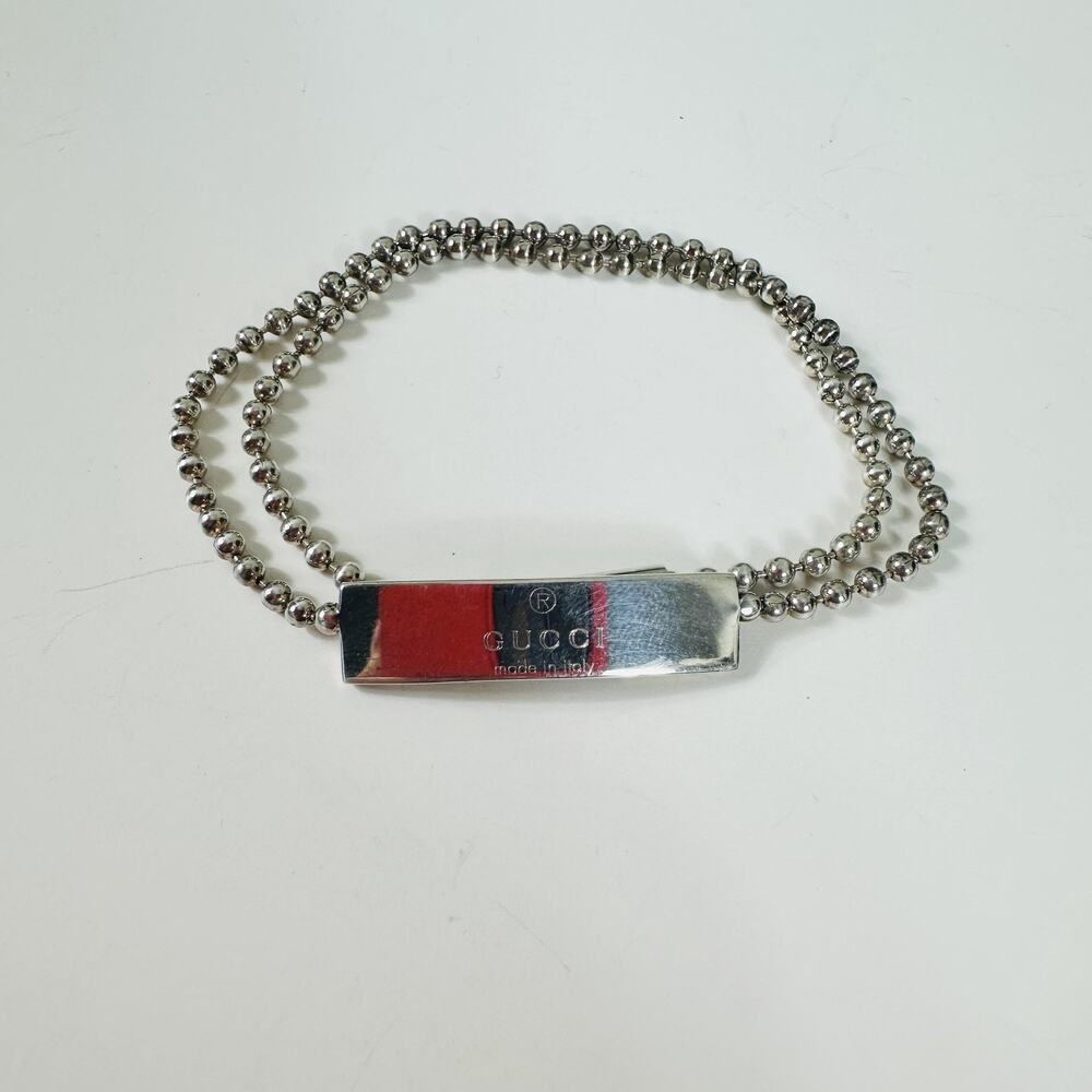 Gucci 925 Sterling Silver Beaded ID Bar Chain Bracelet Made In Italy Designer